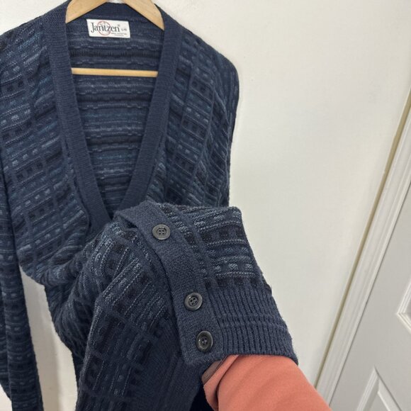 Vintage Jantzen Men L Sweater Knit Cardigan 80s Dad Cosby Grandad Blue Mohair V - Picture 4 of 7